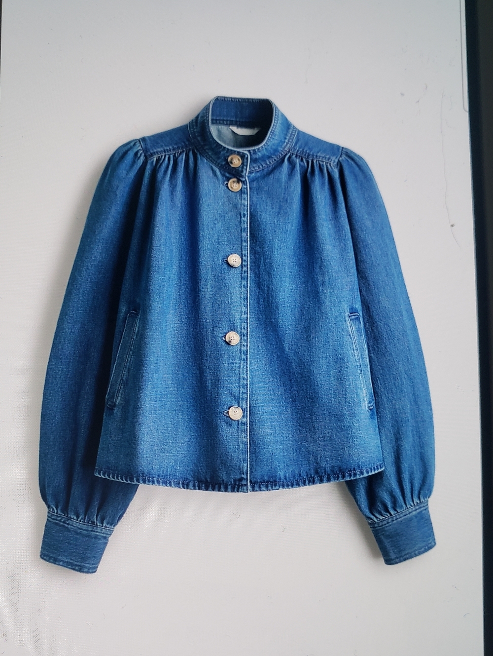 🆕️ H&M Denim Blue Puff Sleeve Button-Up Twill Jacket Size XXL